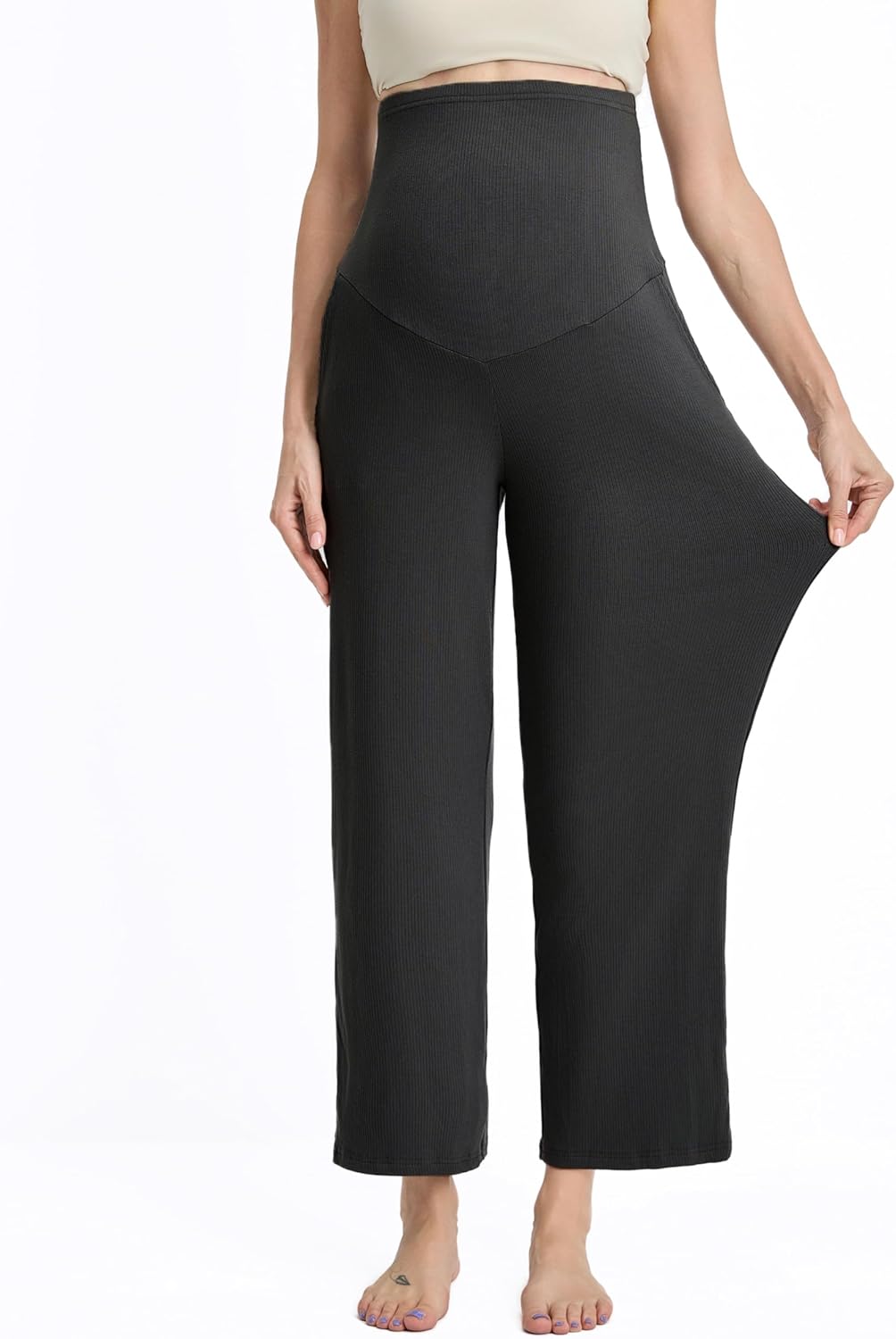Liu & Qu Womens Maternity High Waisted Lounge Pants Casual Stretchy Ribbed Palazzo Pants Pregnancy Trousers with Pockets - Image 4