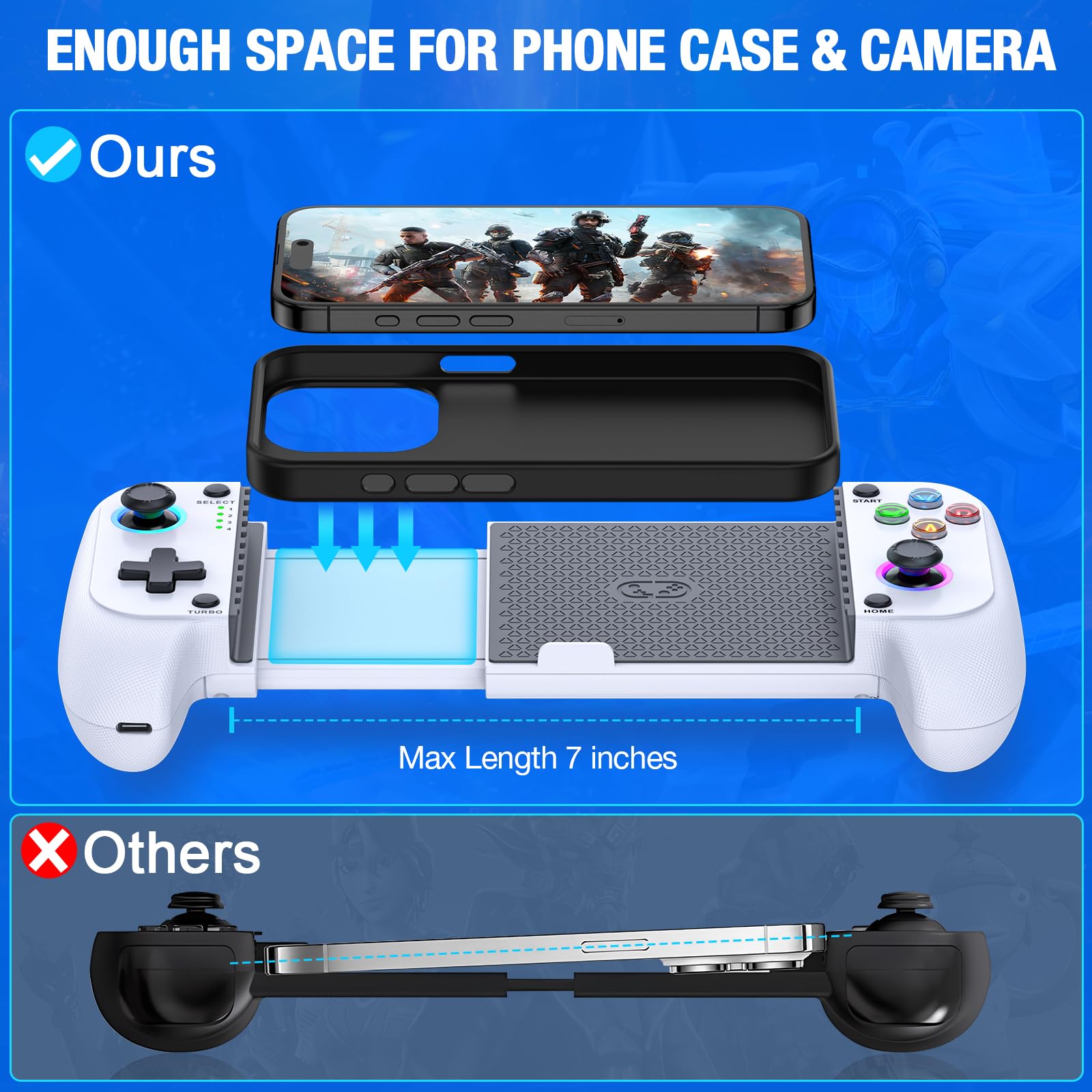 Elegamefy Controller cellulare per iPhone/Android, smartphone controller con joystick aggiornato senza zone morte, luce Coloful