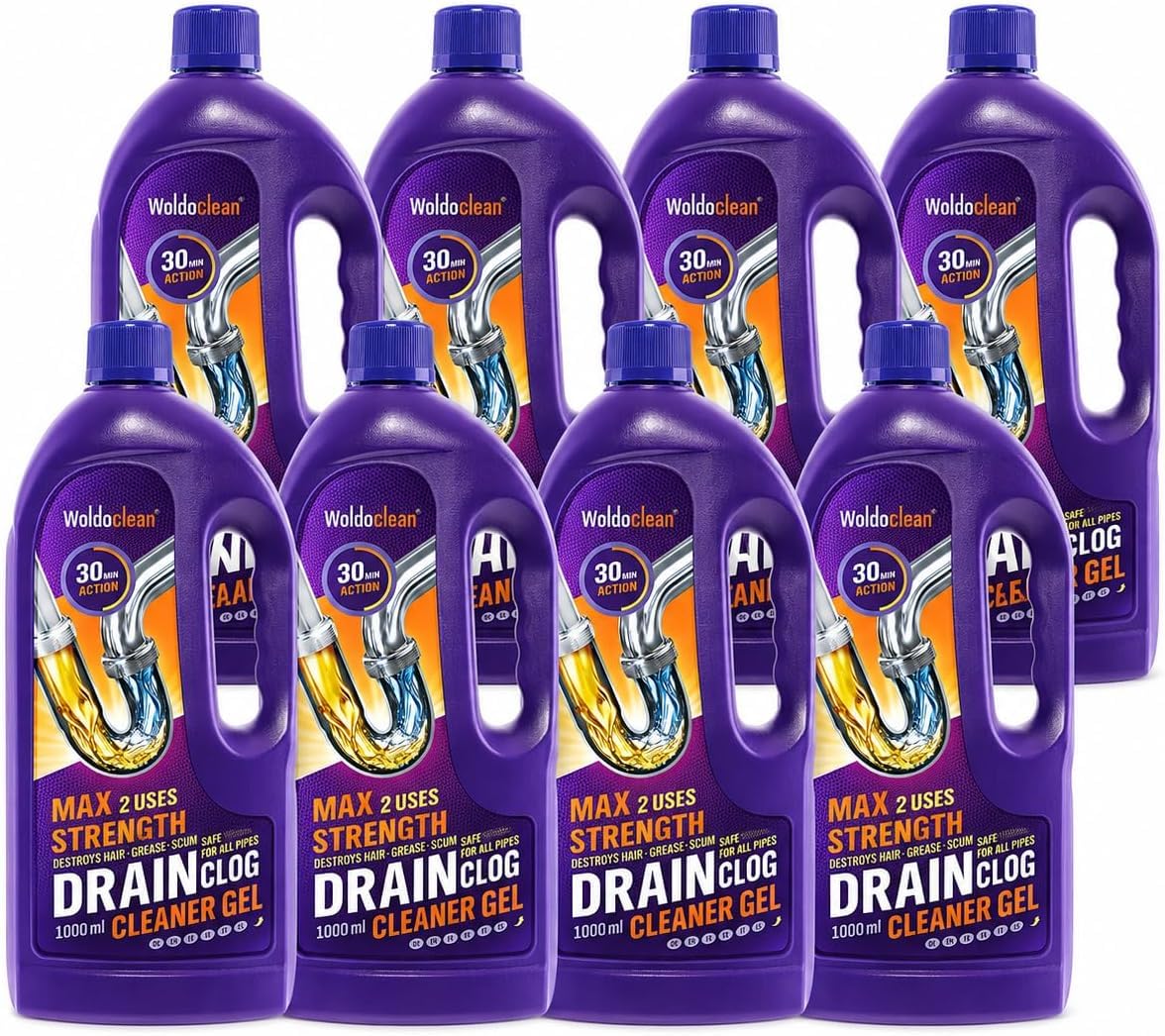 WoldoClean Gel Stura Lavandini e Scarichi 8 x 1000ml - Idraulico Liquido Disgorgante Professionale contro Capelli e Grasso, per Doccia e Lavandino, Penetra nell'Acqua Stagnante