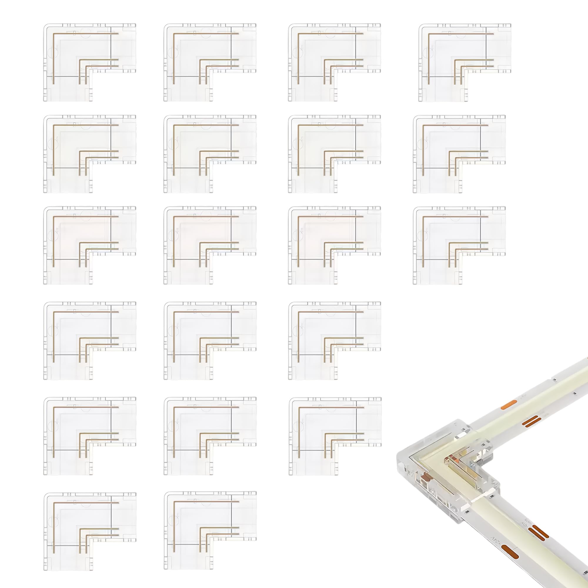 Clearhill L-Shape 2Pin Transparent Solderless COB LED Strip Connectors,8mm - 90°Right Angle Corner Joints for 5V 12V 24V Single Color LED Strip Lights (20Packs) - Seamless Corner Connection.