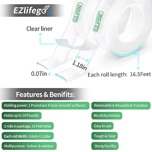 Miniatura 2 de Cinta adhesiva de doble cara resistente (extra grande, paquete de 2, total de 396 pulgadas), cinta adhesiva nano de doble cara, cinta de montaje