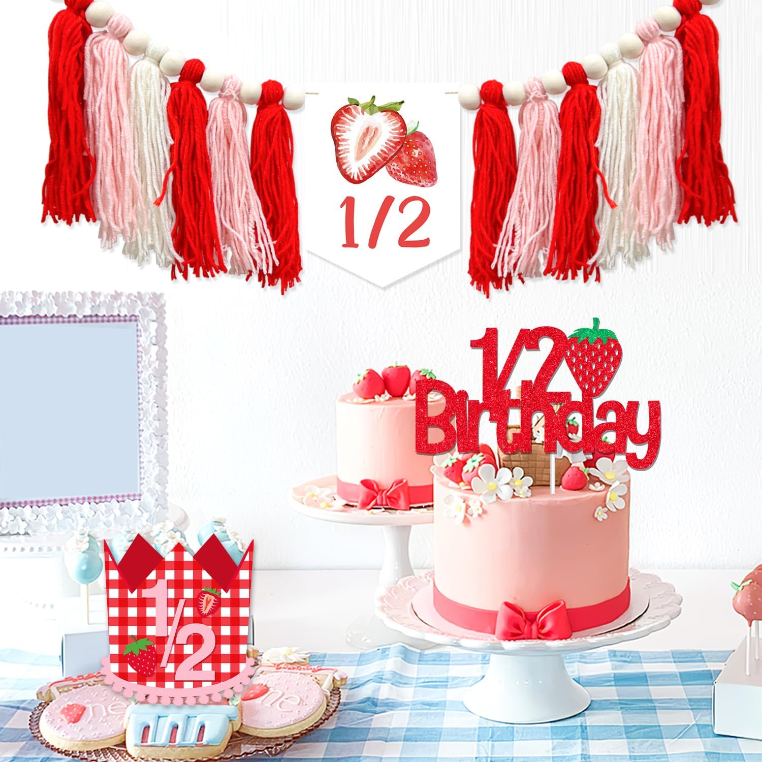 Strawberry Half Birthday Decorations Strawberry 1/2 Birthday Strawberry Hat Strawberry Half Birthday High Chair Banner It’s My 1/2 Birthday Cake Topper for Girls Berry Sweet Birthday Decor Supplies