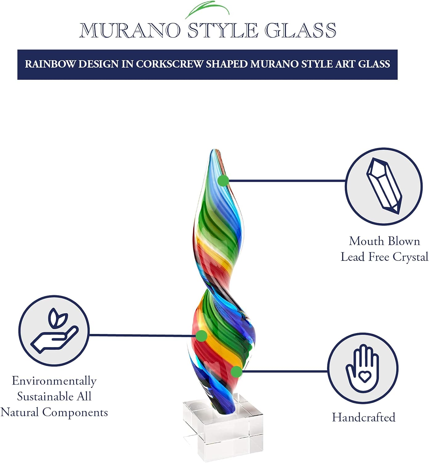Murano Style Art Glass Rainbow Design in Corkscrew Shaped 12" Tall Centerpiece Including The Crystal Base