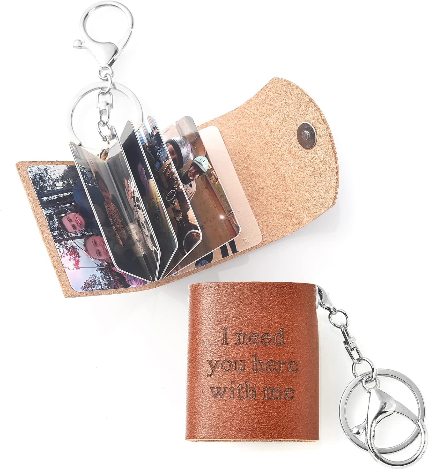 TINGKU Personalized Mini Photobook Keychain Custom 12 Photos Album Keychain Customized Pictures Real Leather Mini Photo Album Keyring for Jewelry Gift - Brown