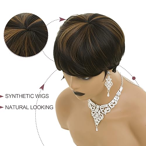 Miniatura 5 de Peluca corta de corte Pixie para mujeres negras, pelucas cortas de corte Pixie para mujeres negras (negro y marrón)