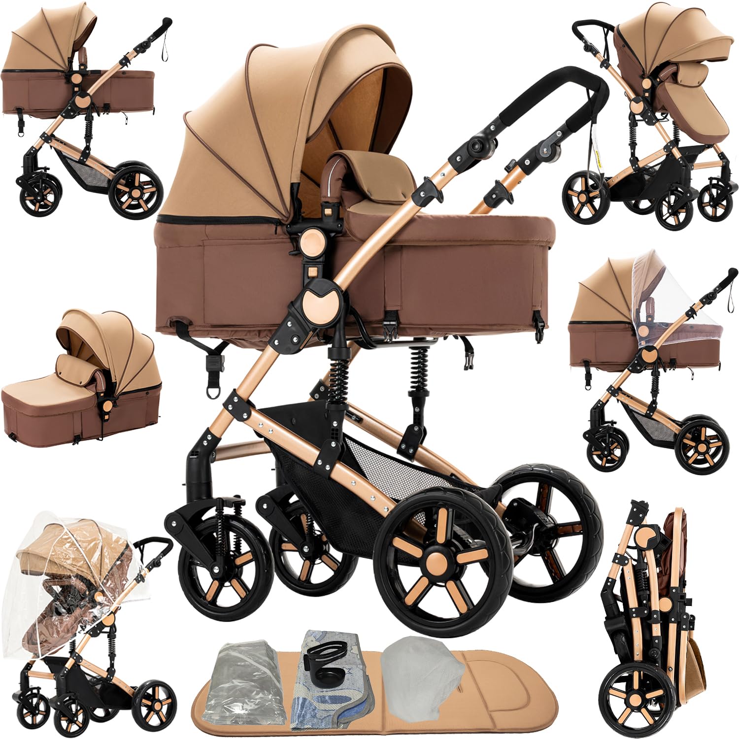 Reenborn Kinderwagen 3 in 1, Buggy mit Zwei Umkehrbaren Schiebemodi, Kinderwagen mit Rahmen Aluminiumlegierung, Kinderwagen 3 in 1 Komplettset mit Ein-Klick-Faltdesign (2 in 1 588 Tawny)