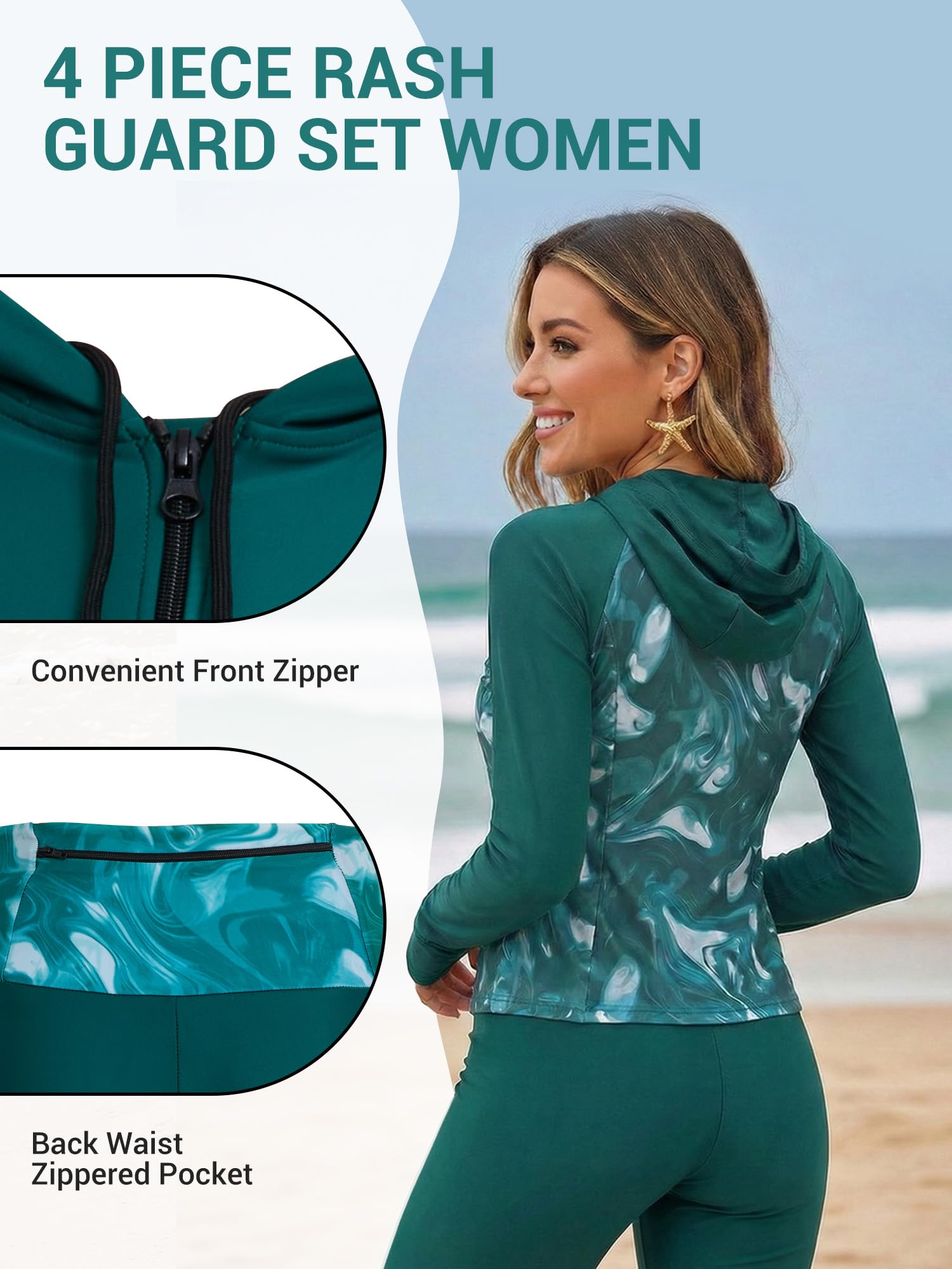 Owntop Camiseta de natación de manga larga para mujer, camiseta de natación con protección UV con brasier integrado, juego de 4 piezas para natación, surf y vacaciones en la playa