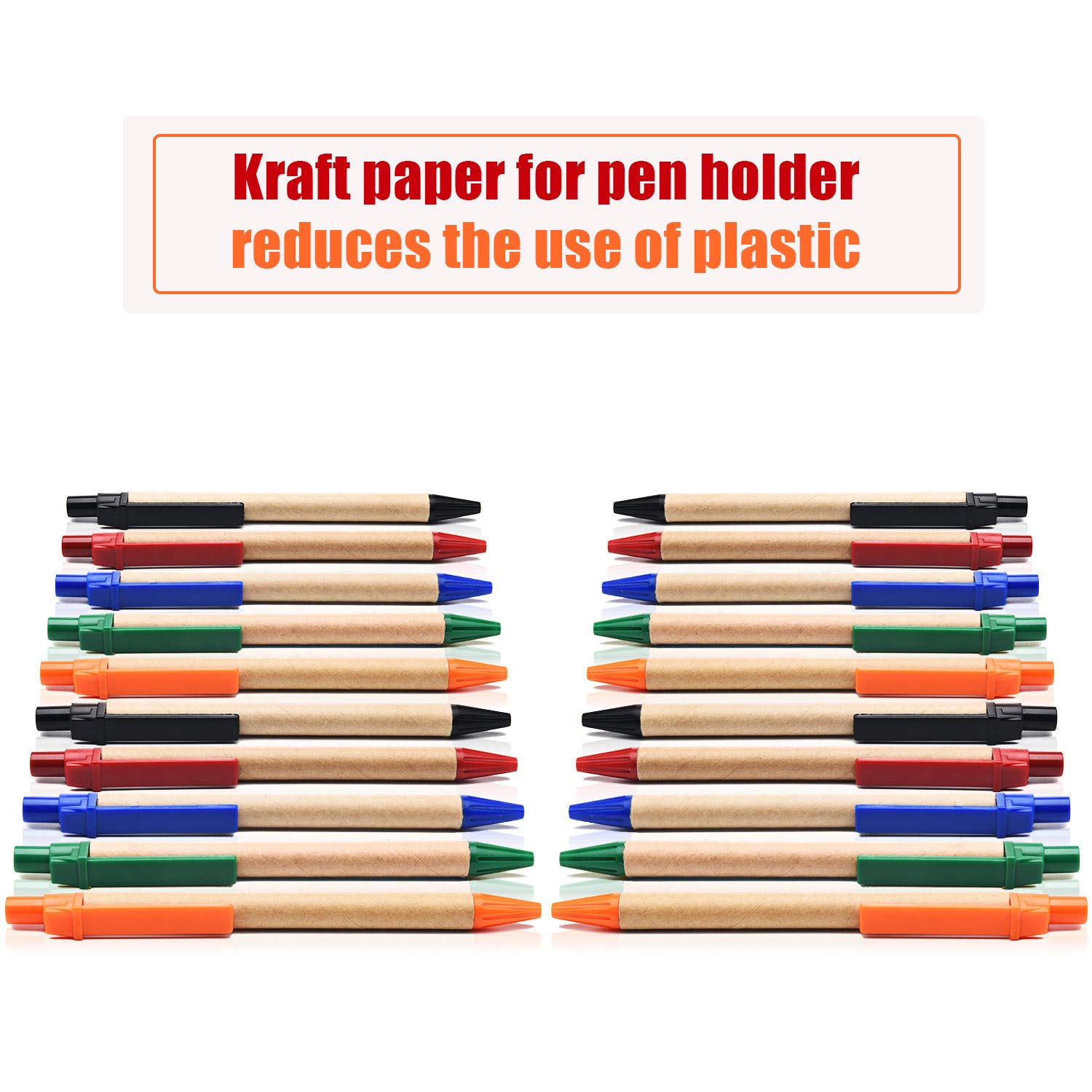Outus - Bolígrafos de papel Kraft de 100 unidades, bolígrafos de tinta negra, retráctiles, de punta media, 0,7 mm, para material de escritura para la oficina de la escuela, multicolor