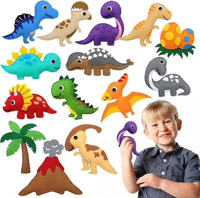 EQLEF Felt Sewing Craft Kits for Children, Dinosaur Felt Animals to Sew Kit First Sewing Kits for Children Educational Sewing DIY Felt Craft Kit for Beginner Boy Girls(14 Pack)