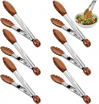 Honeydak 6 Pcs Walnut Wooden Small Kitchen Tongs 7 Inch for Cooking Serving | Vintage Cooking Utensils, Walnut Tips Stainless Steel, Heat-safe and Non-toxic, Easy Grip, Ideal for Food Salad Wedding Party