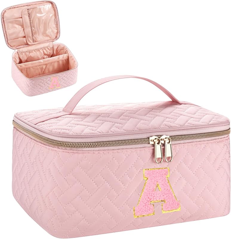 Necessaire de Maquiagem JRQCSJY com Letra Inicial, Compartimentos, Zíper e Alça, Rosa, A