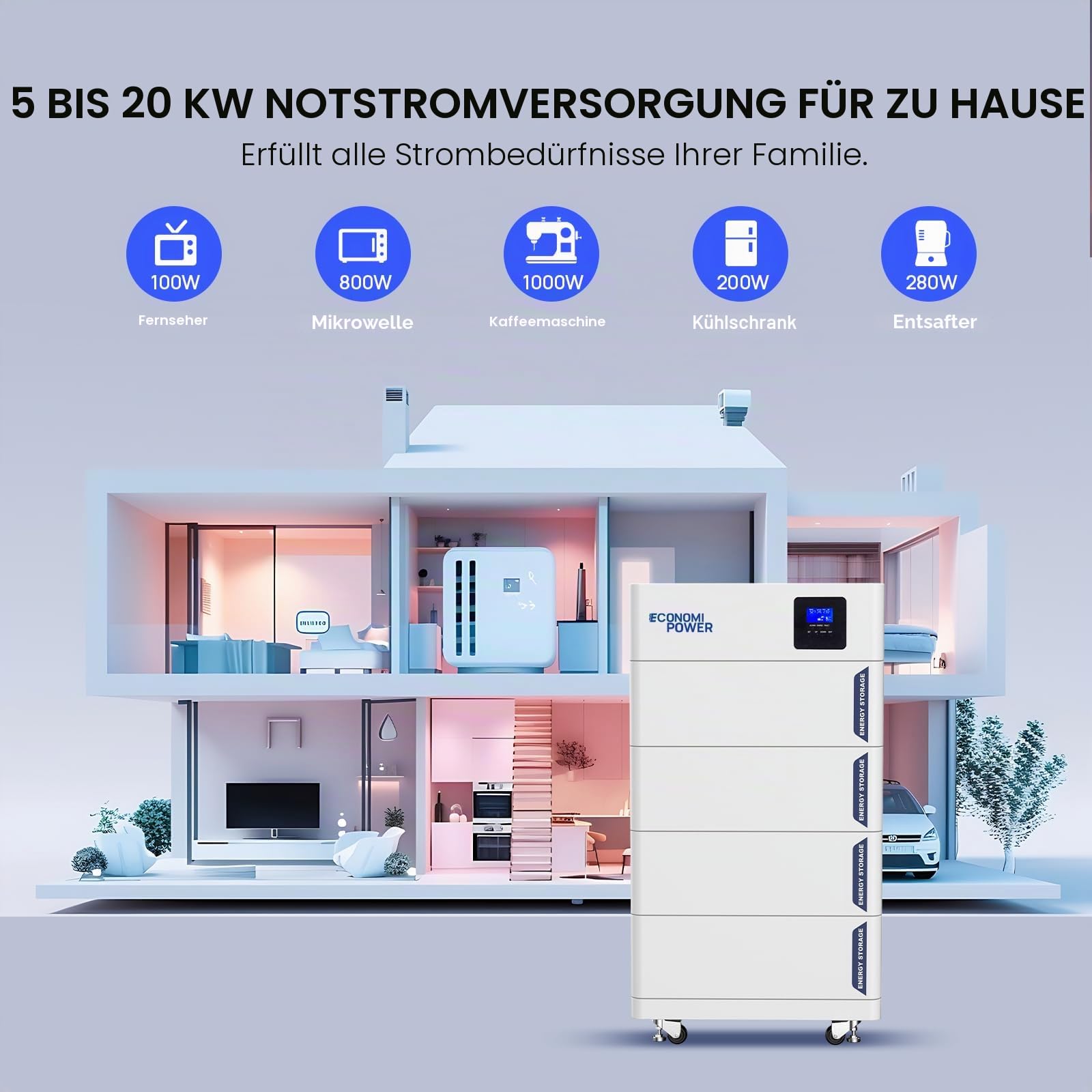 LiFePO4 48V 200Ah Lithium-Batterie, EconomiPower 10.24Wh Solar-Energiespeicher, Eingebautes 100A BMS, Ideal für Wohnmobil, Camping, Haus, Solar &Off-Grid Anwendungen