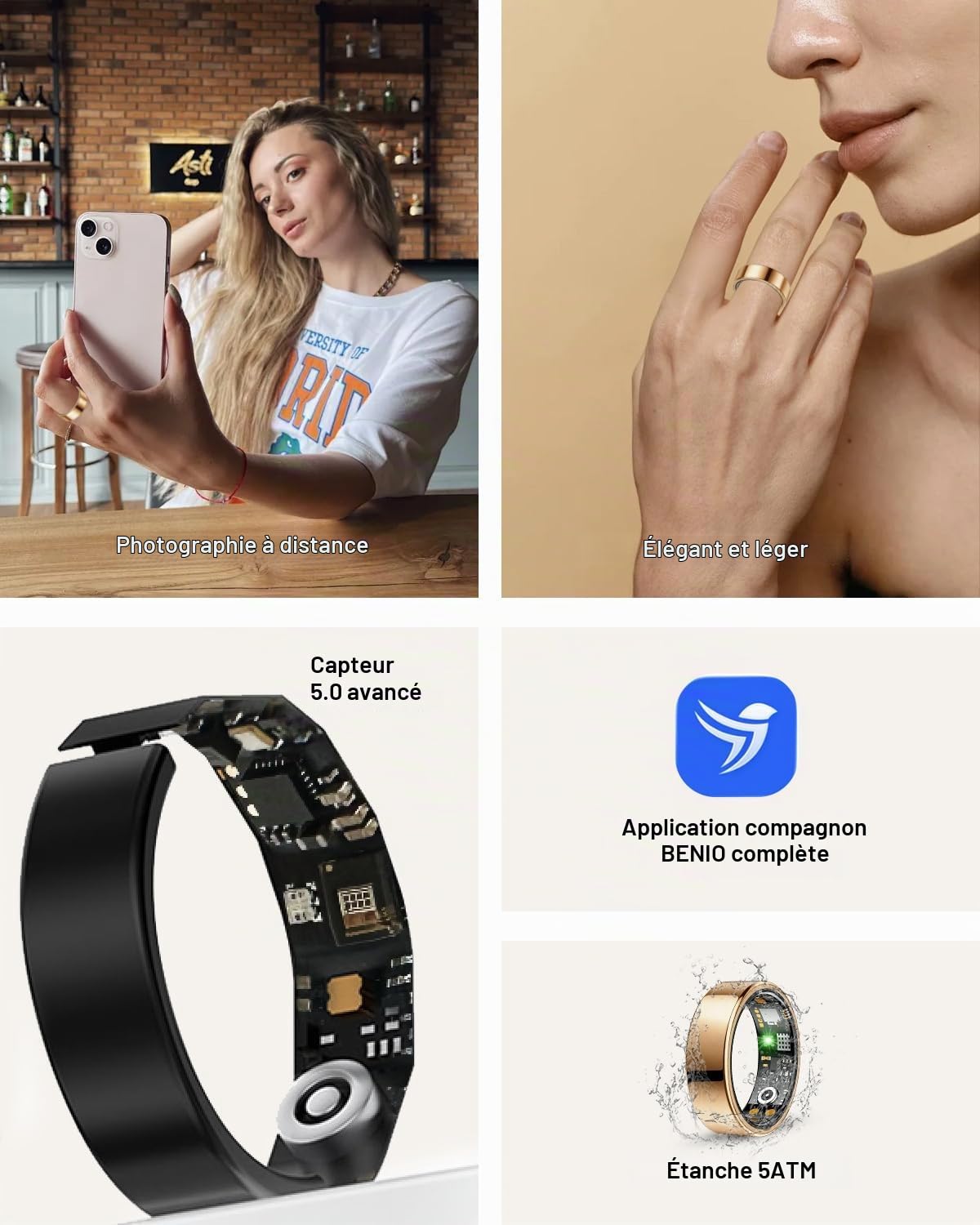 Benio Bague intelligente Gen4, mise à niveau 2026, anneau de santé intelligent pour homme et femme avec moniteur de fréquence cardiaque, oxygène dans le sang, surveillance du sommeil, comptage des pas