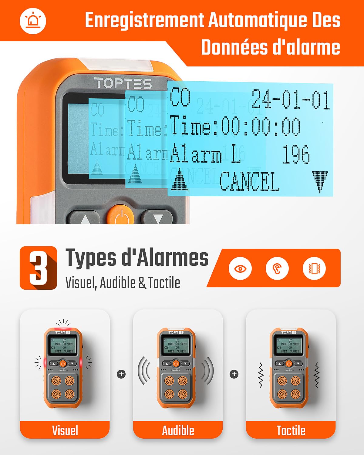 TopTes Guard-101 Détecteur De Gaz, Moniteur 4 Gaz pour H2S, CO, LEL Et O2, avec Alarme Vibrante, Visuelle Et Sonore, 14 Heures D'Autonomie, Antidéflagrant, pour Travail Et Maison - Orange