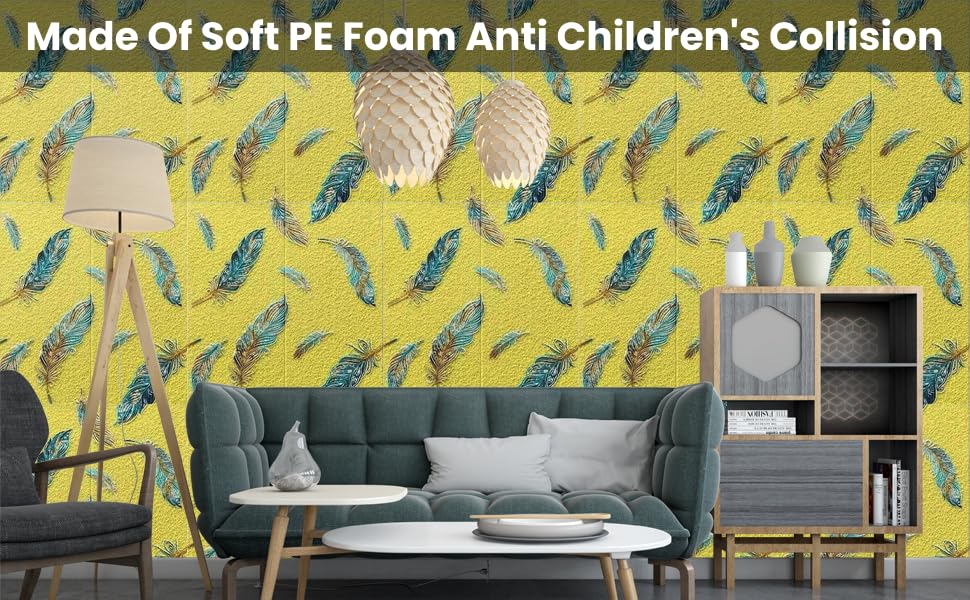 Image of KASHIVAL Self-Adhesive Waterproof PE Foam 3D Wall Panels Wallpaper Sticker for Bathroom, Living Room, Hotel and Home Decoration (70 x 70cm, Appx. 5.3Sq Feet) (JD Yellow Feather)