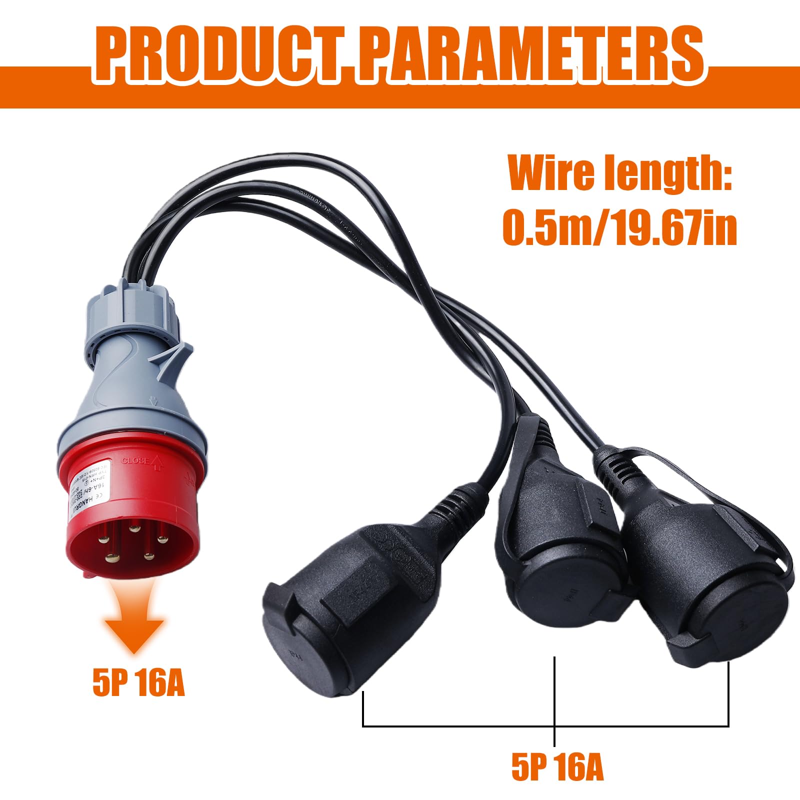 Adaptateur CEE, Câble Adaptateur CEE de Camping avec Couvercle Rabattable et Prise de Terre, Adattatore CEE 400 V 16 A, Fiche vers 3 Prises 230 V, pour Caravanes, Industrie, Espaces Extérieurs