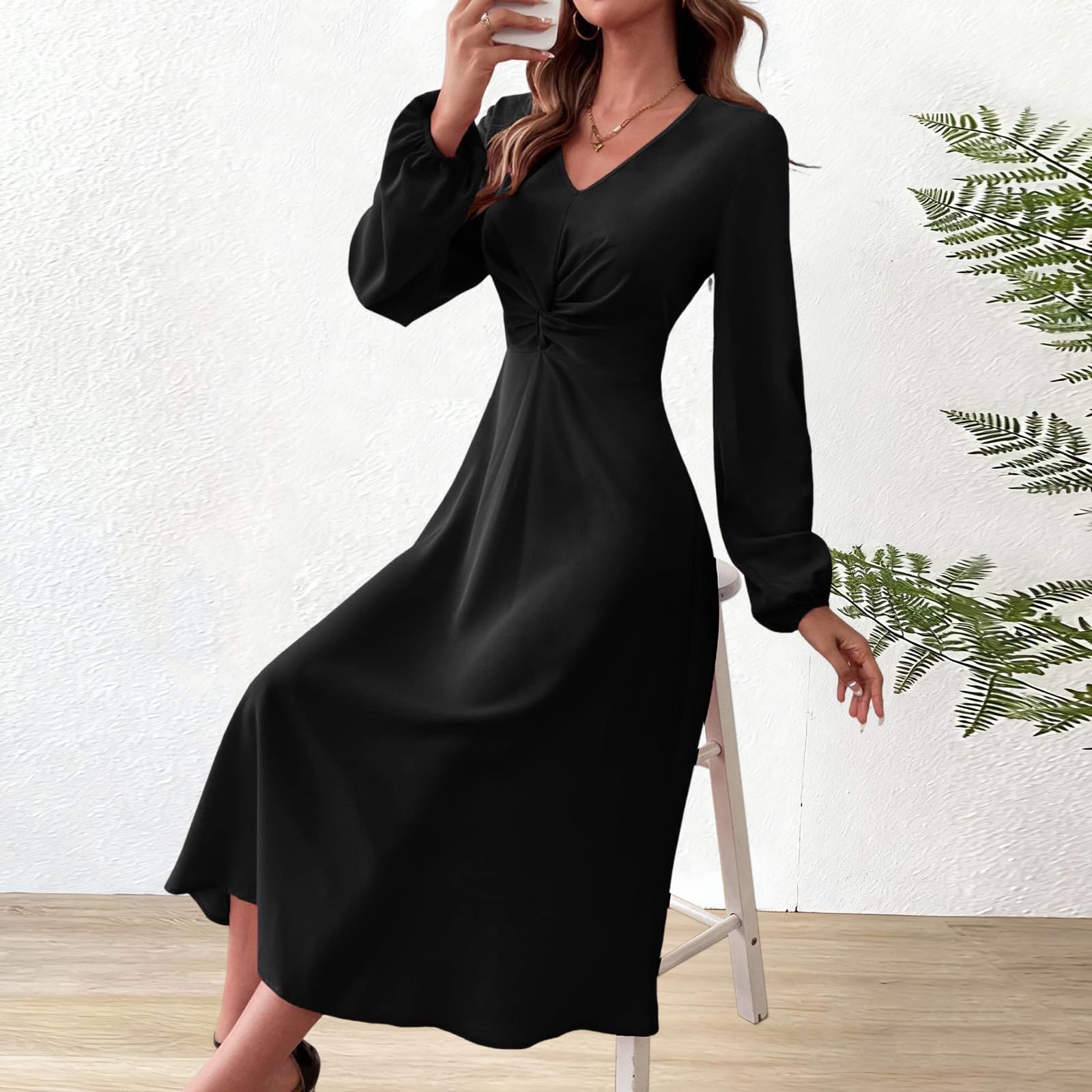 Vestidos de Fiesta Mujer Elegante Manga Larga Midi Vestido de Cóctel Plisado Sexy Cuello en V Bodycon Vintage A-línea Formal Vestido para Invitada Boda Noche Otoño Invierno