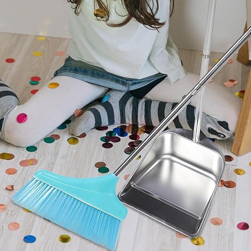 Miniatura 4 de Juego de escoba y recogedor vertical de pie de acero inoxidable de metal escoba para pasillo, vestíbulo, garaje, patio, interior y exterior,