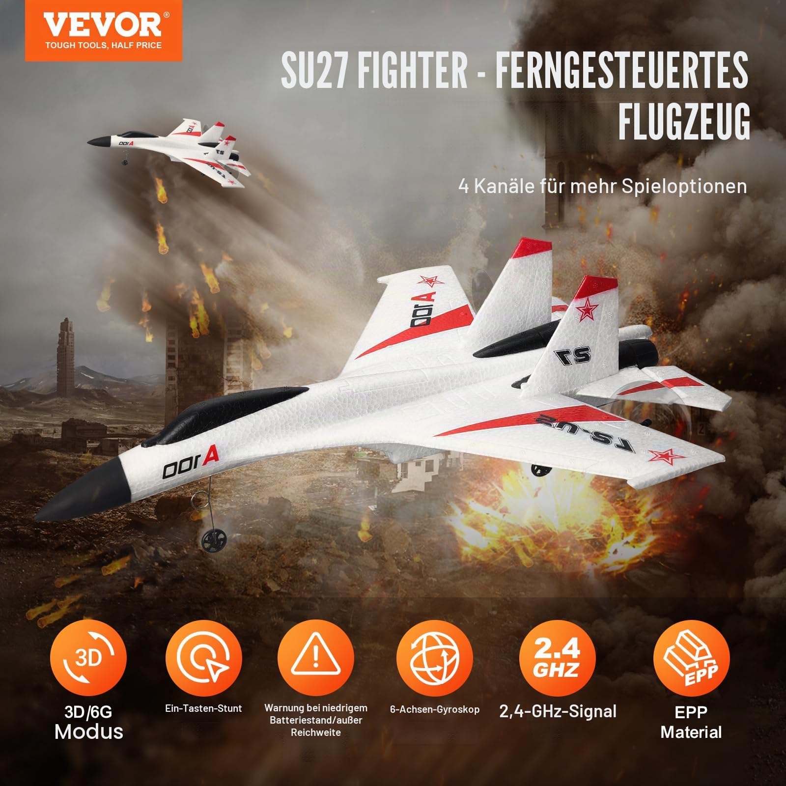 VEVOR RC-Flugzeug, 2,4 GHz 4-Kanal-Fernsteuerungsflugzeug mit 6-Achsen-Gyrostabilisator, Kampfflugzeug-Spielzeug mit 2 Batterien, leicht zu fliegendes RC-Segelflugzeug für Erwachsene, Kinder, Anfänger