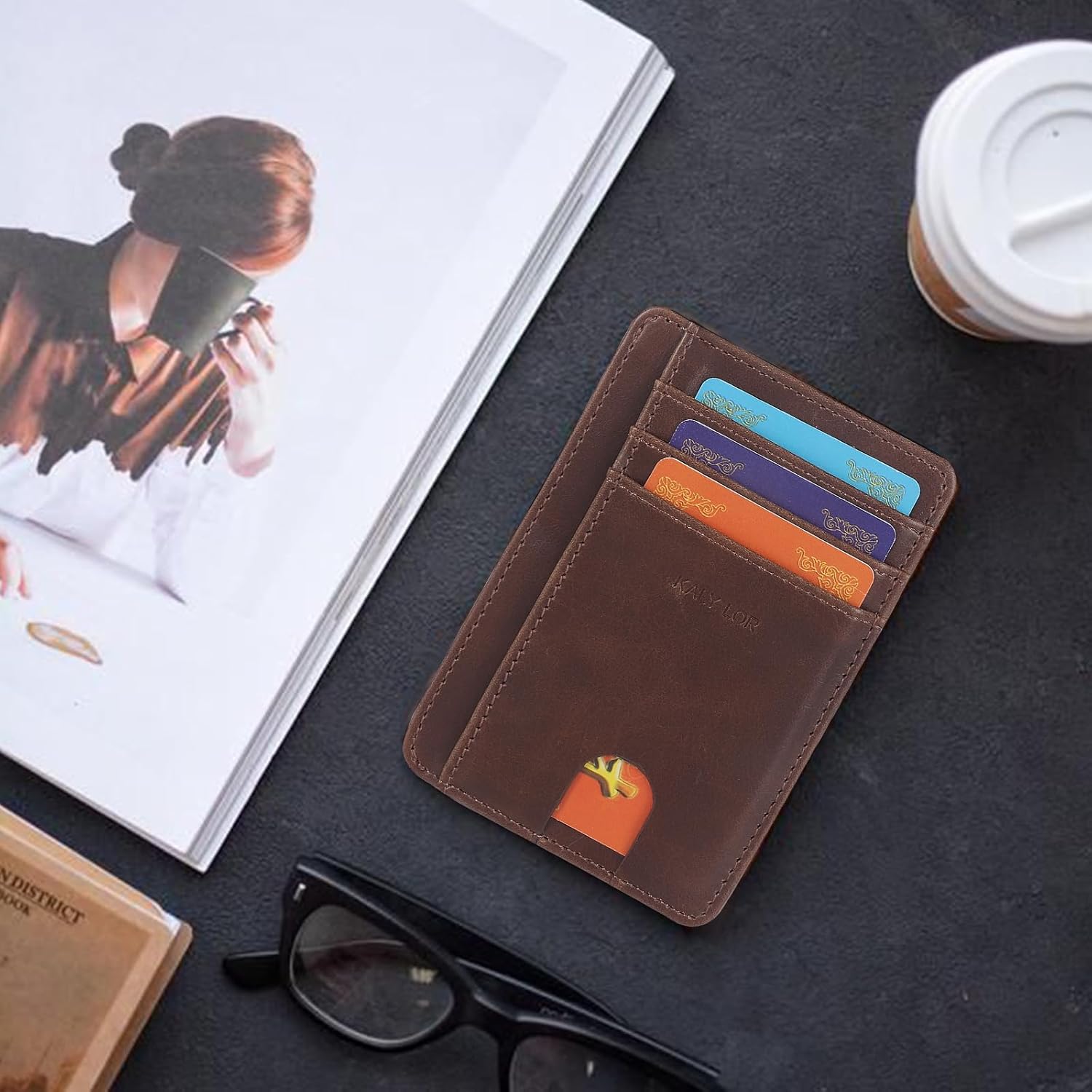 Men's Card Holder, Ultra-Thin Wallet with Anti-Skimming Protection, Minimalist Design, 6 Card Slots, Gift Box Included(Brown leather) - Image 2