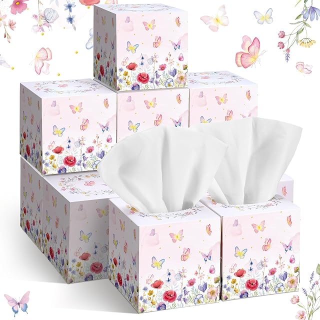 Fourluoo 12 Pack Summer Floral Butterfly Facial Tissues Cube Boxes 600 Sheets 3 Ply Small Flower Face Tissues