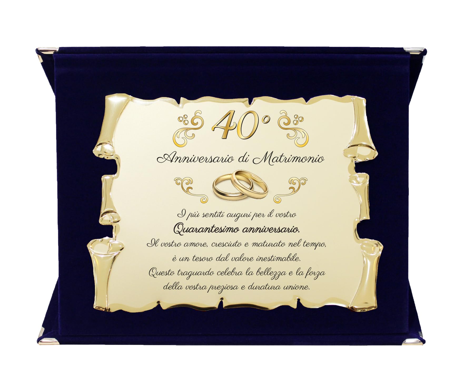 Placa para 40 aniversario de boda | Felicitaciones 40 aniversario de boda | Regalo de boda esmeralda pergamino dorado en estuche azul (azul y dorado, 40)