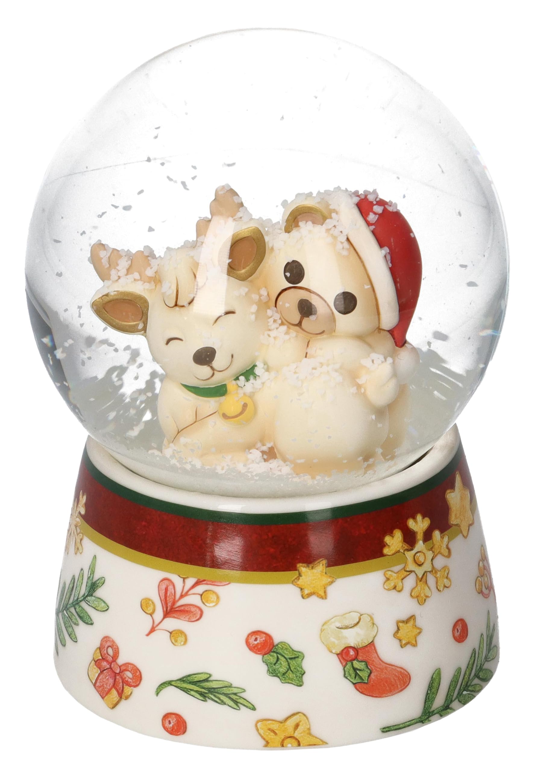 THUN - Boule de Neige con Teddy Cavalca Renna Robin in Resina, Ceramica e Vetro, Versione Media, Linea Desideri di Natale, 8 cm