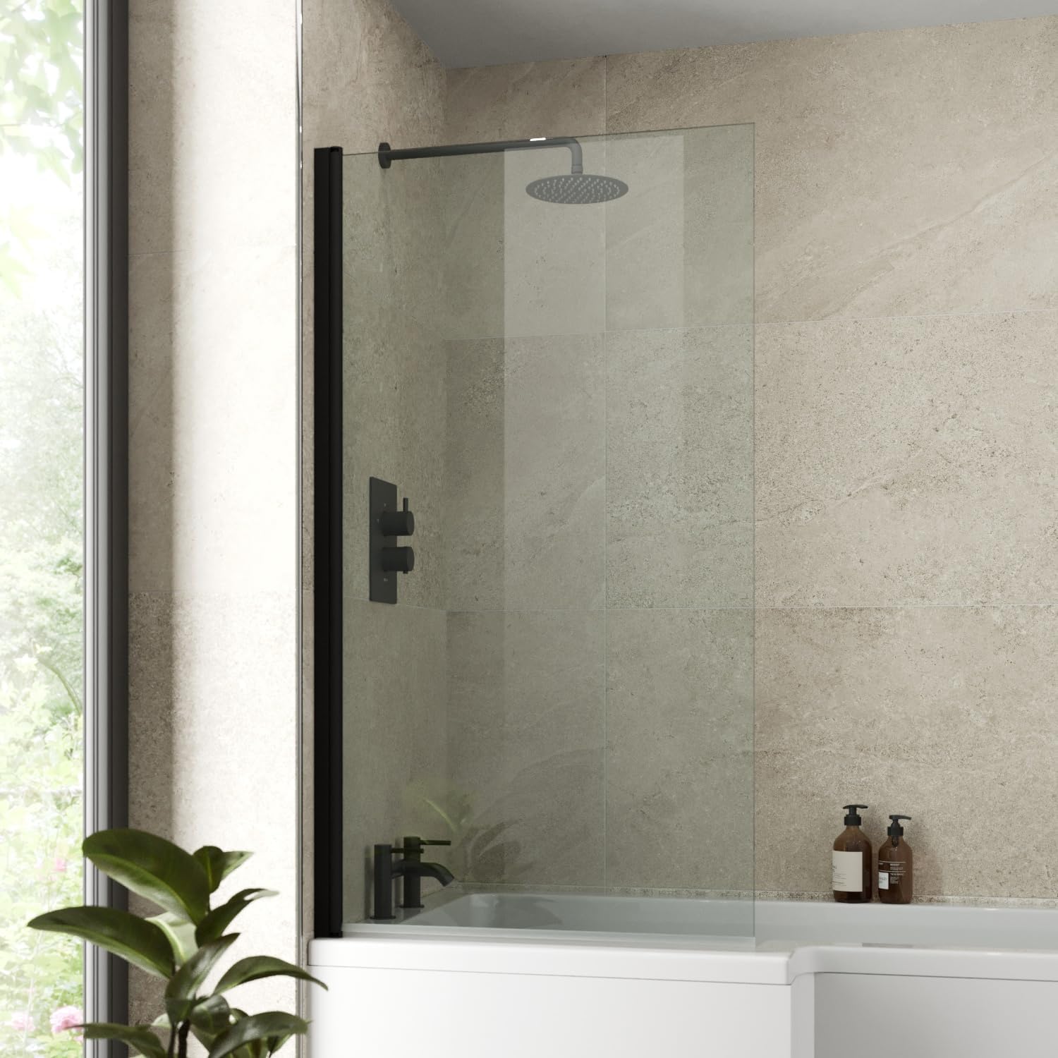 Luxura® 800 x 1400mm Black Over Bath Shower Screen Folding Hinged Door Glass Panels & Screens for Baths, Bathroom Frameless Square Design, 6mm Toughened Safety Glass, 180° Pivot