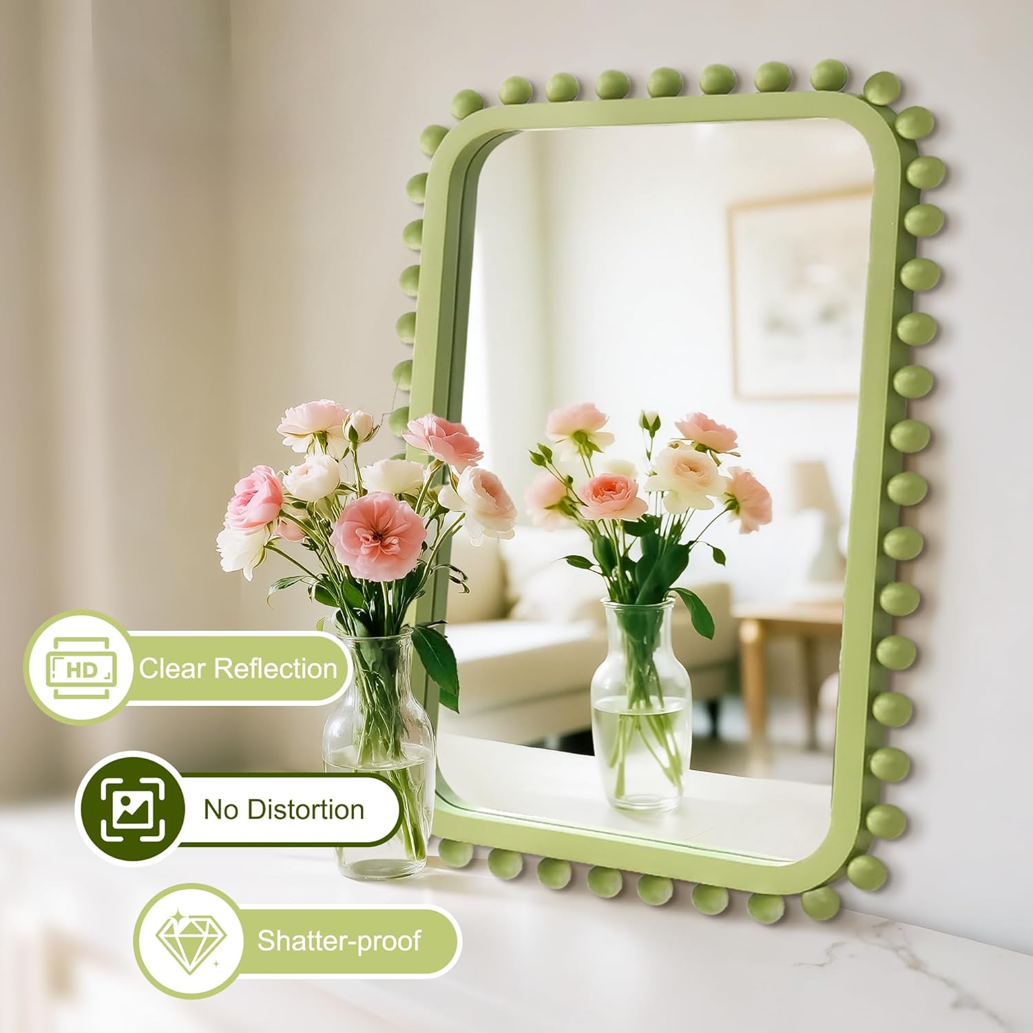 Bathroom Mirror for Wall with Wooden Beaded, 30x20 Rectangular Solid Wood Vanity Mirror for Farmhouse, Bathroom, Bedroom Decor(Green)
