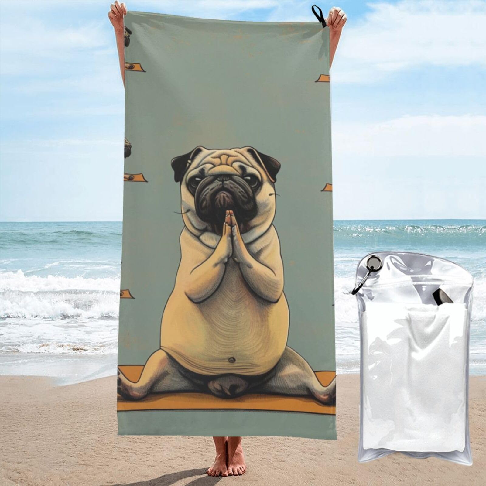 kkvhhyuo Microfiber Beach Towel, Yoga pug Printed Lightweight Quick Dry Travel Bath Sheet with Compact Carry Bag for Swimming Yoga Camping Gym,31.5"x63"