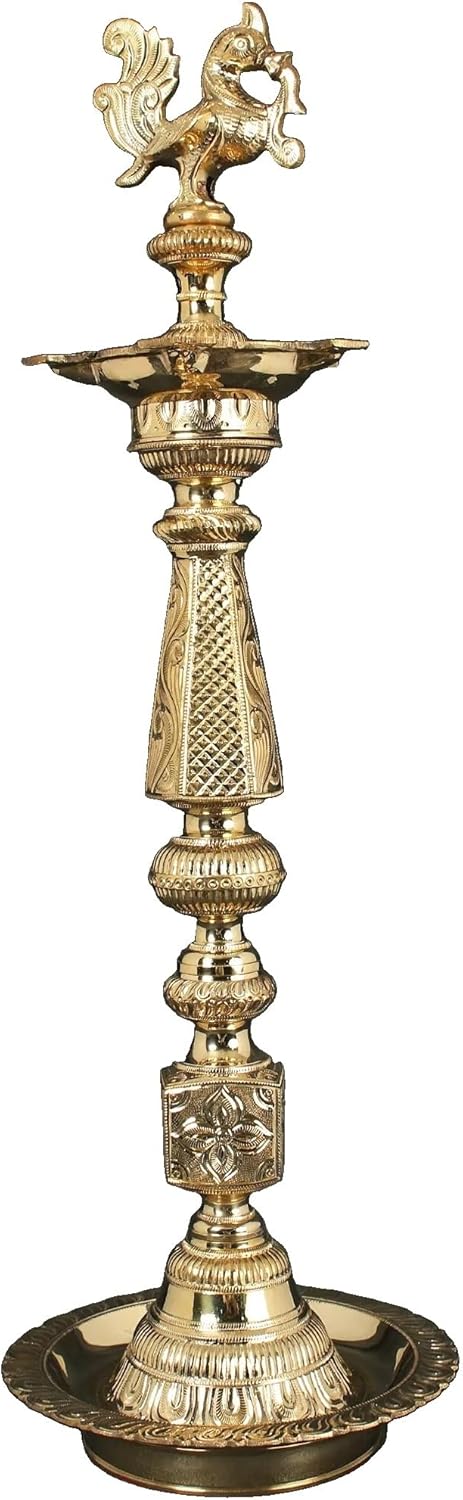 Exotic India 27" Brass Peacock Oil Lamp | Ritual Authentic Peacock Design Diya for Diwali Home Decor, Deepak, Brass Deepam, Table Décor
