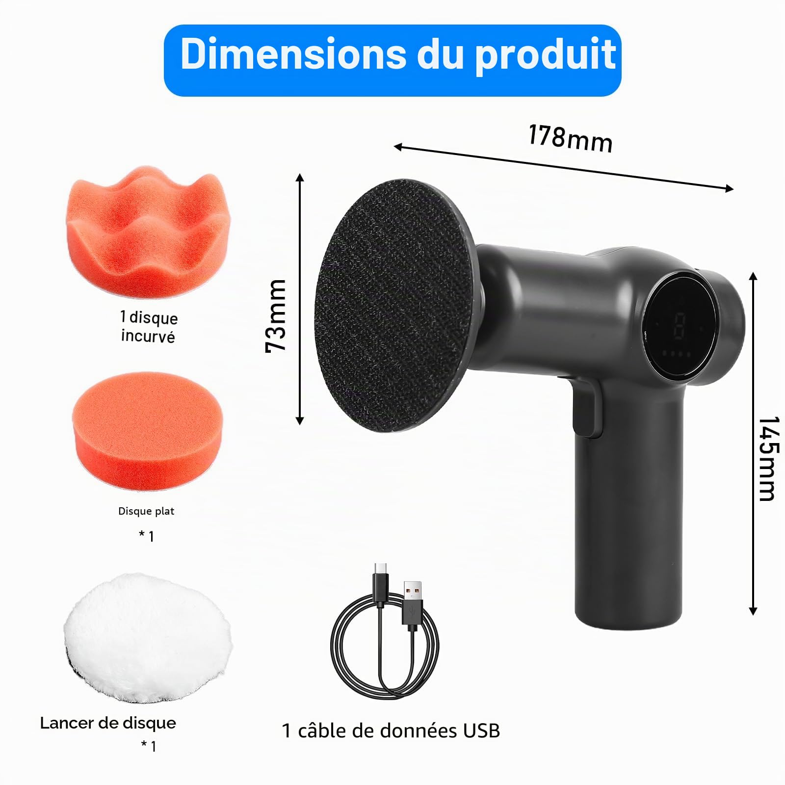 Polisseuse Auto Mini sur Batterie, Kit de Polissage Voiture 2x 2000 mAh + 2 Vitesses + 3 Pads de Polissage + Verrouillage, Polisseuse sans Fil Rechargeable pour Élimination Rayures, Cirage, Lustrage
