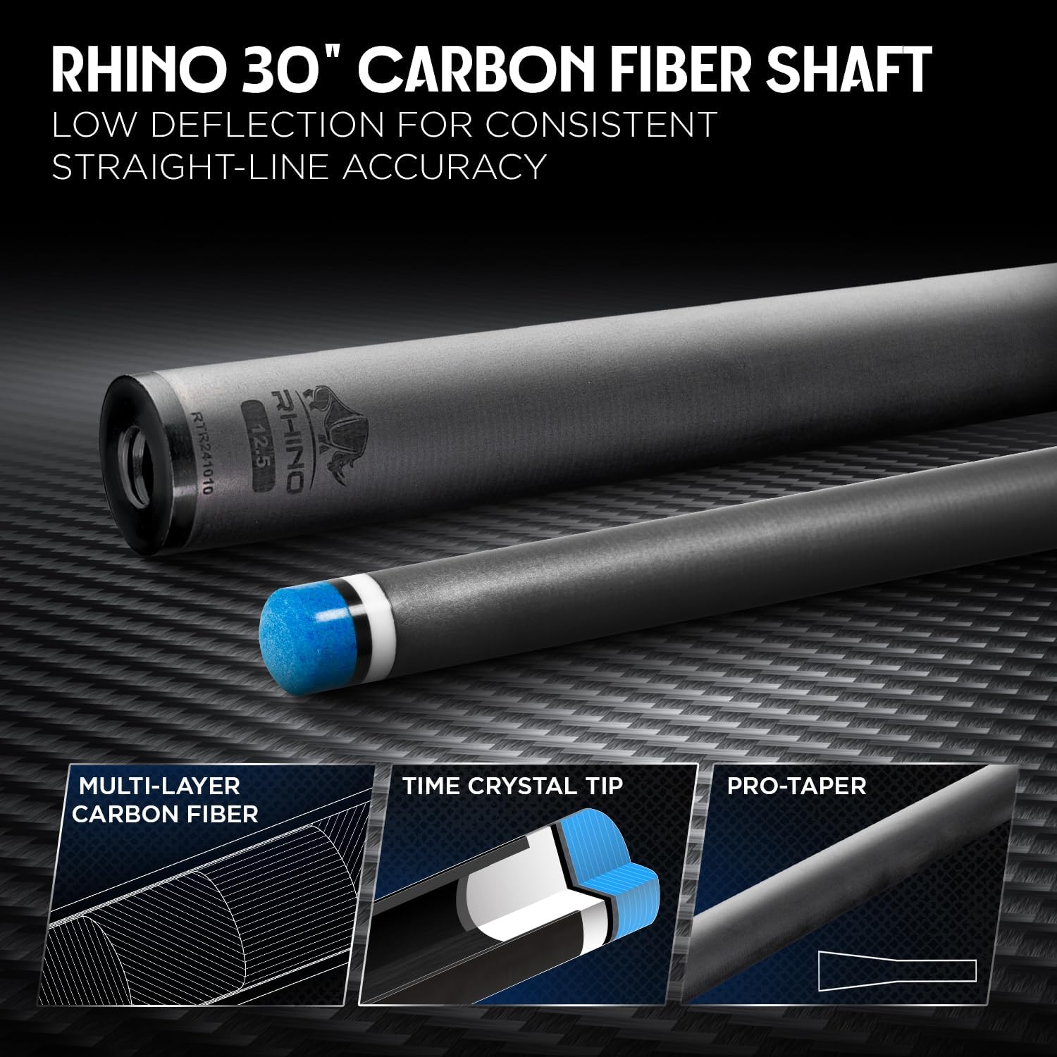 RHINO LUMINAX Carbon Fiber Billiard Cue Stick, Pro Taper Low Deflection Shaft, 3/8-8 Stainless Steel Joint, Composite Butt