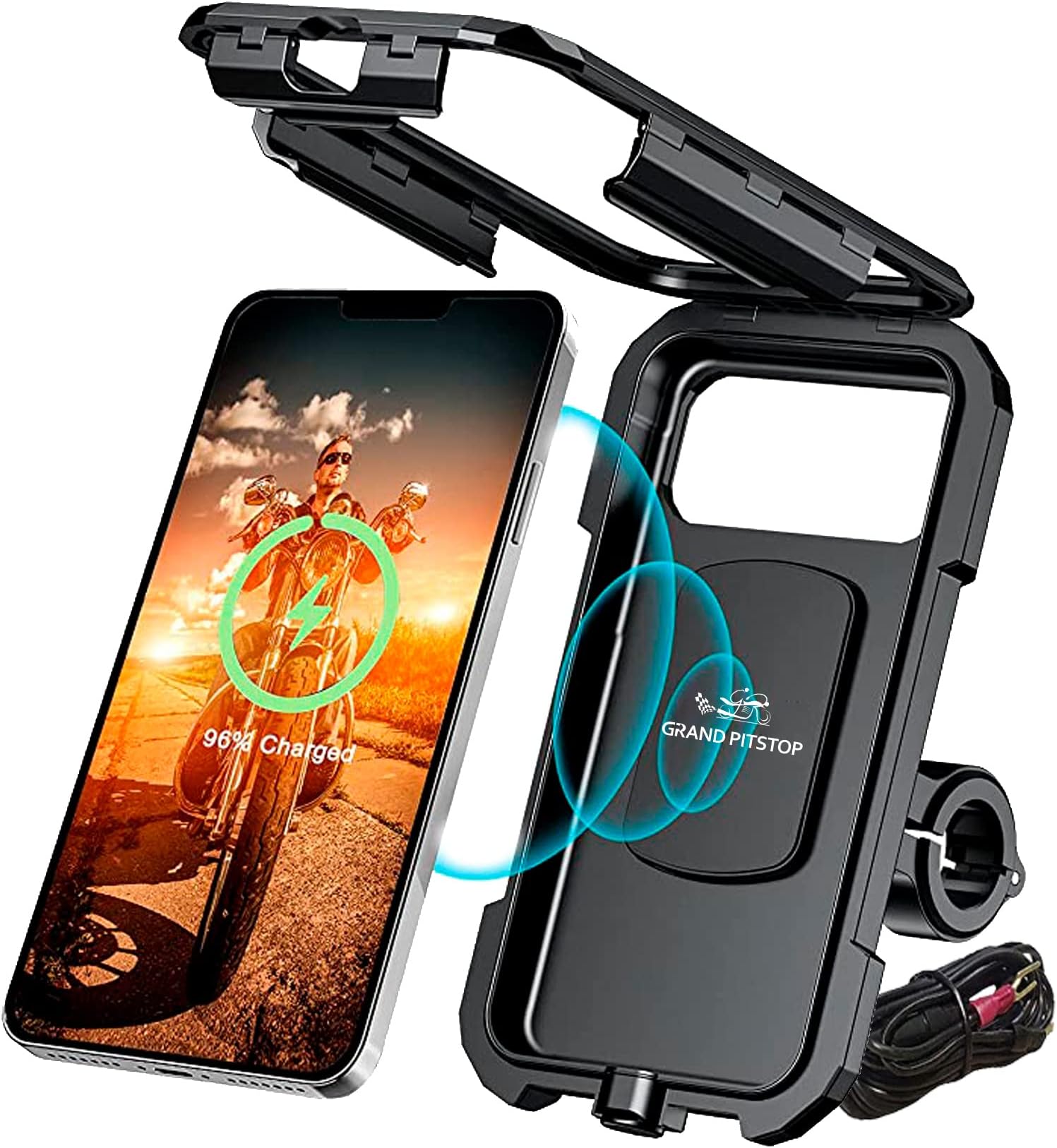 GRAND PITSTOP - Waterproof Bike/Motorcycle/Scooter Mobile Phone Holder Mount, Ideal For Maps And Gps Navigation (Waterproof Handlebar Wireless Charger Black)