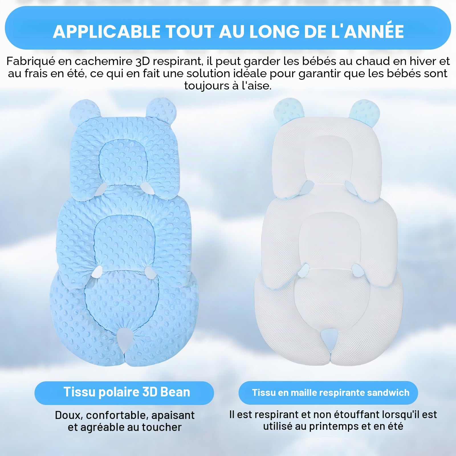 Réducteur de siège bébé avec appui-tête – Housse de siège souple pour siège bébé, landau et siège auto – Respirant et lavable – Bleu