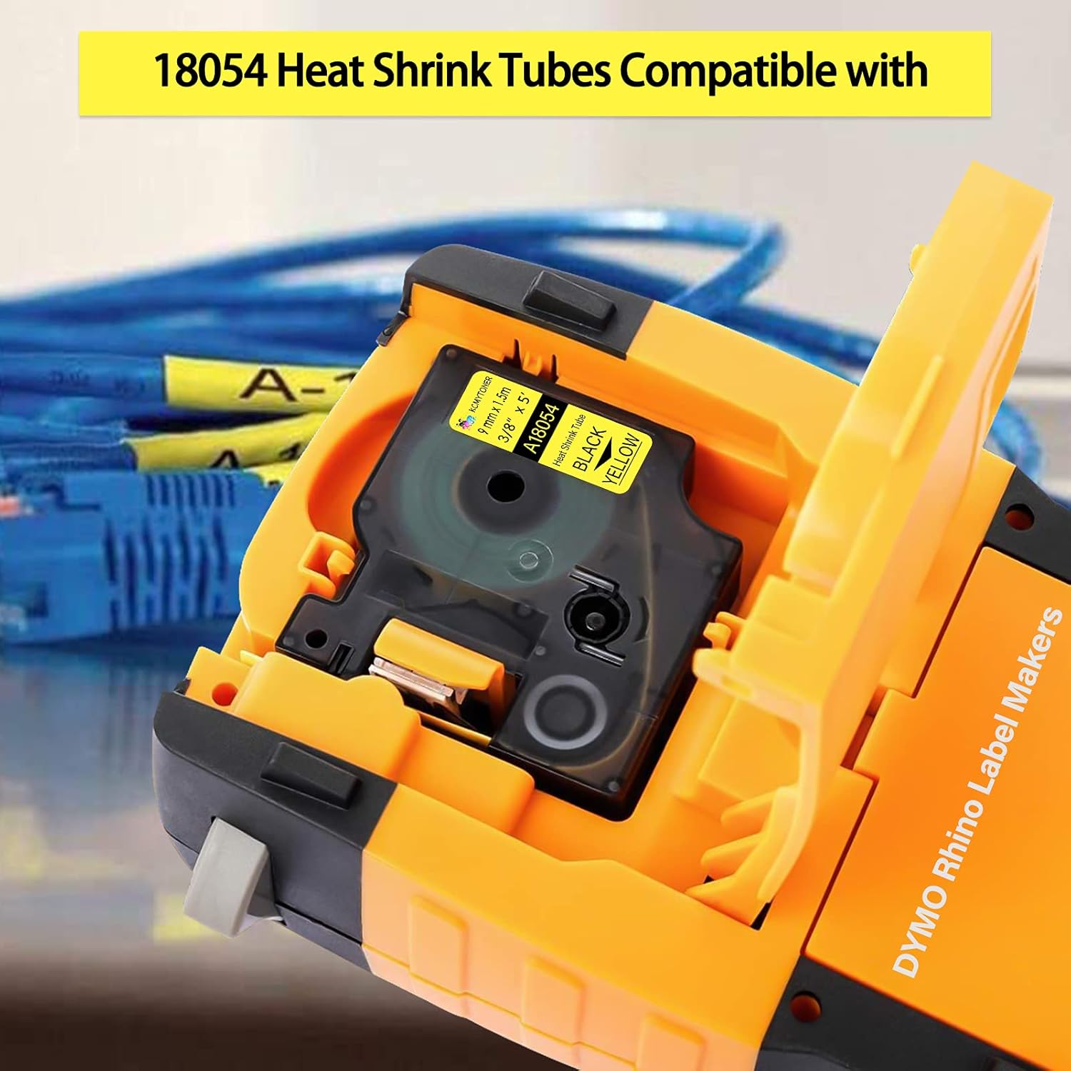 6PK Compatible for Dymo Rhino 18054 A18054 Black on Yellow 9mm 3/8 inch Heat Shrink Tubes Label for Rhino 1000 3000 4200 5000 5200 6000 3M Label Maker Refills