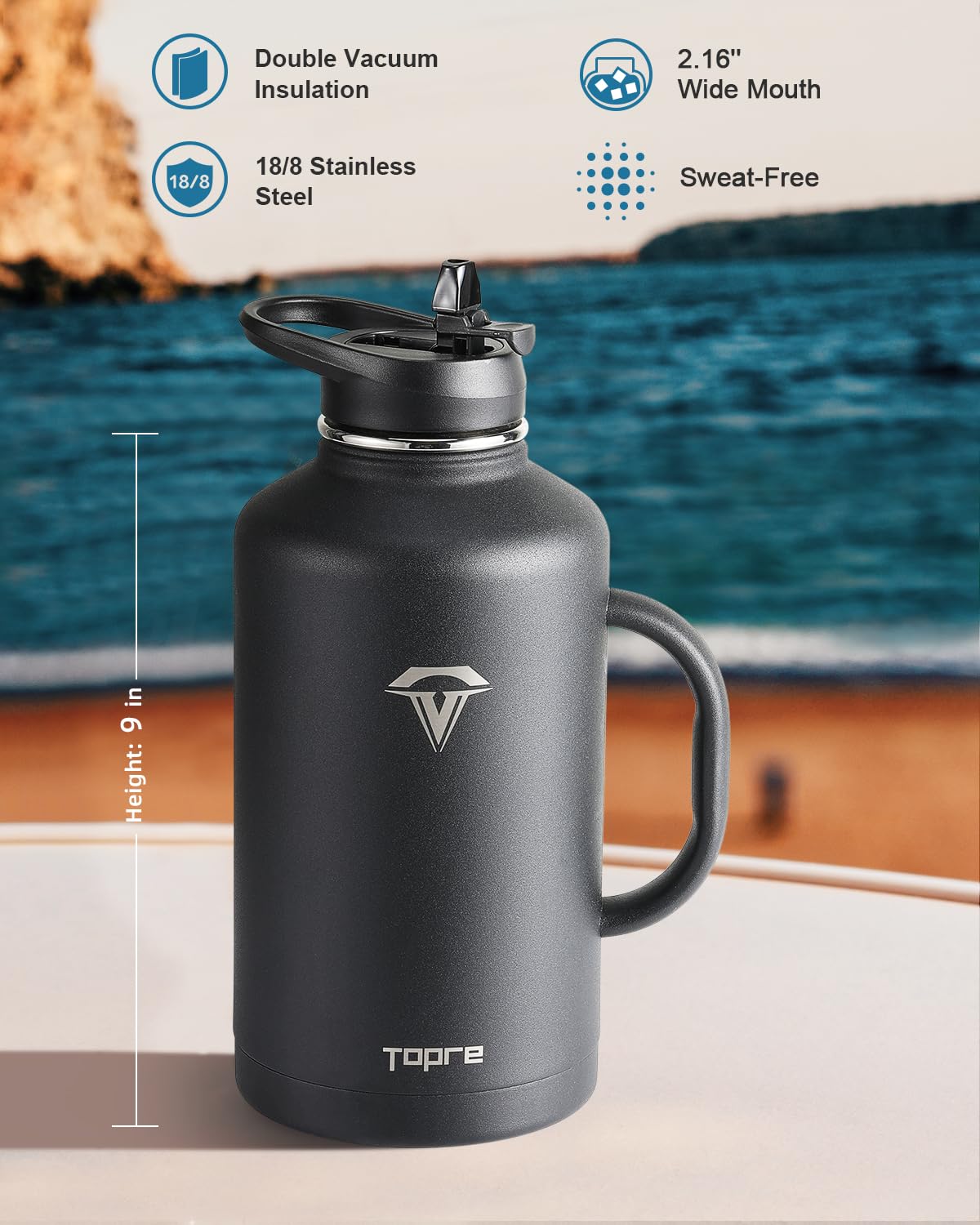 Topre Wasserflasche mit Strohhalm und Deckel, isolierter Edelstahl-Krug mit Griff, wiederverwendbare Metall-Reise-Flasche mit Tragetasche und Bürste, hält kalt und heiß, Schwarz