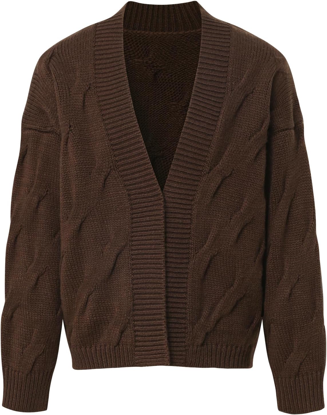 Men's Long Sleeve Deep V Neck Cable Knit Open Front Cardigan Sweater Casual Loose Fit Cardigans