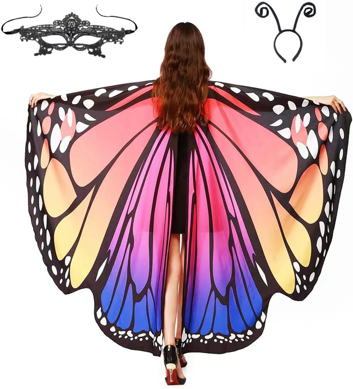Halloween Butterfly Wings Costume for Womens, Moth Wings Butterfly Cape Adult Costume with Mask & Headband(3pcs)