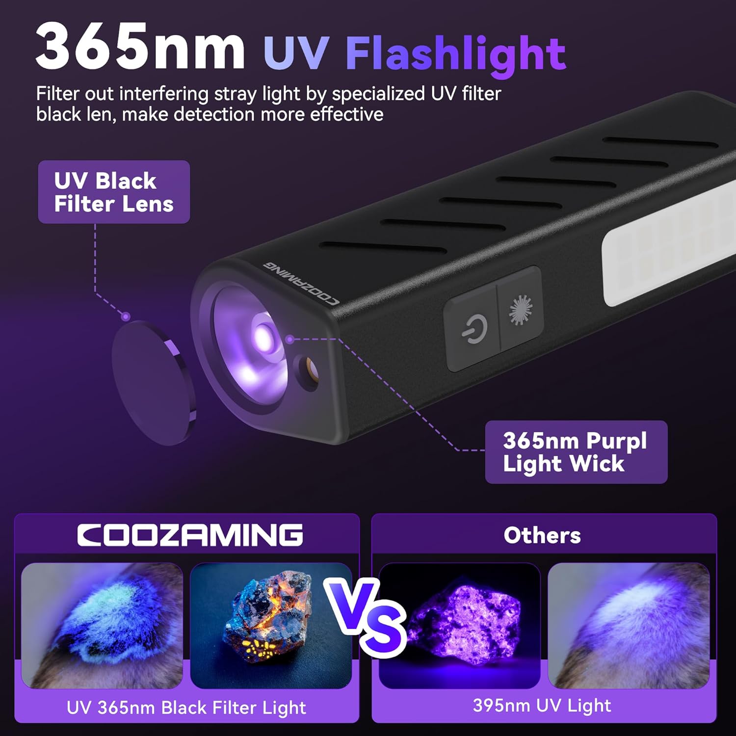 365nm UV Flashlight, EDC Rechargeable Flashlight with Black Light, asern 1 Mini Portable for Pet Urine Detection, Cure Resin, Stains Detection, Scorpion Detector 4Pack