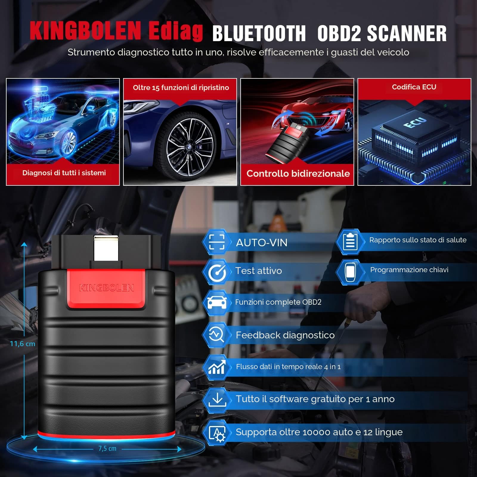 KINGBOLEN EDIAG OBD2 Auto Diagnostica Bluetooth Tutto il Sistema Bidirezionale obd2 Bluetooth Scanner Auto, Livello OE, Codifica ECU, 15+ RESET,AUTO VIN, Tutto il software 1 anno iPhone e Android