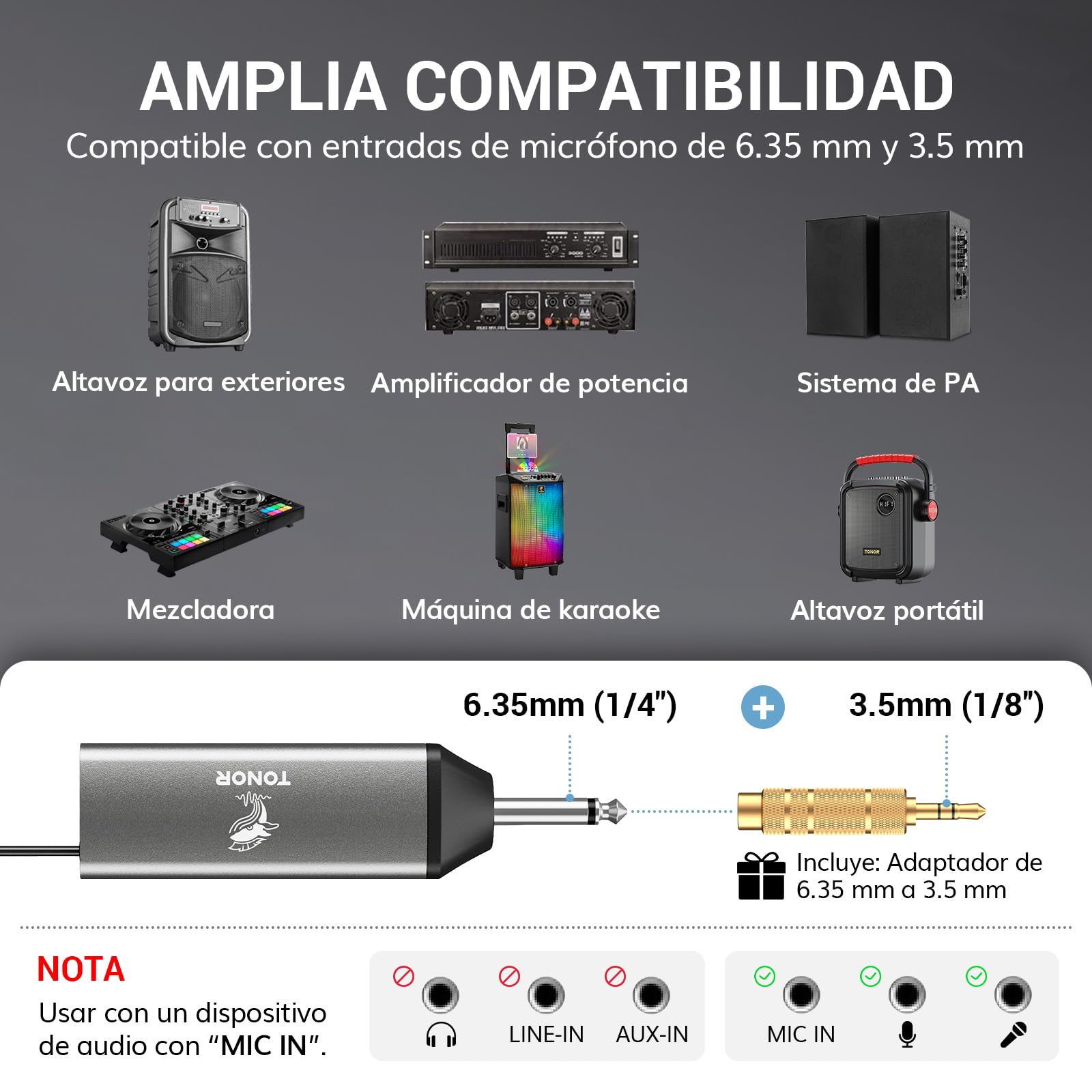 TONOR Microfono Inalambricos Karaoke Recargable UHF, 2x20 Canales Micrófono Dinámicos de Metal, Micrófono Inalámbrico Profesional para Cantar la Boda de la Iglesia con Volumen ajust, 80 M, TW520