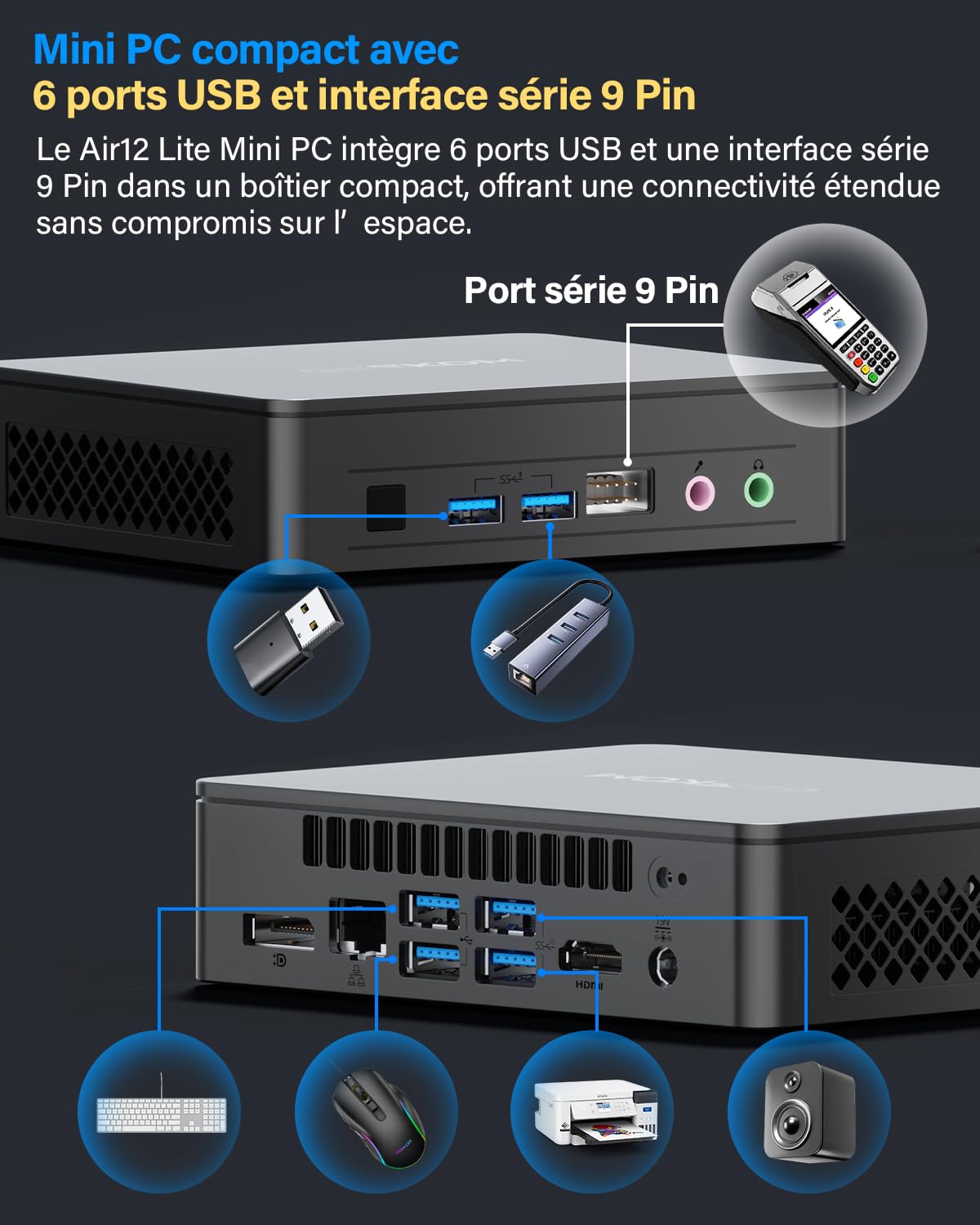 GEEKOM Air12 Lite Business Mini PC Intel N95, UHD Graphics,8 Go RAM DDR4 | SSD 256 Go, 6 ports USB, ports 9 broches, Achat en petite quantité Mini Ordinateur, idéal pour le bureau et le télétravail
