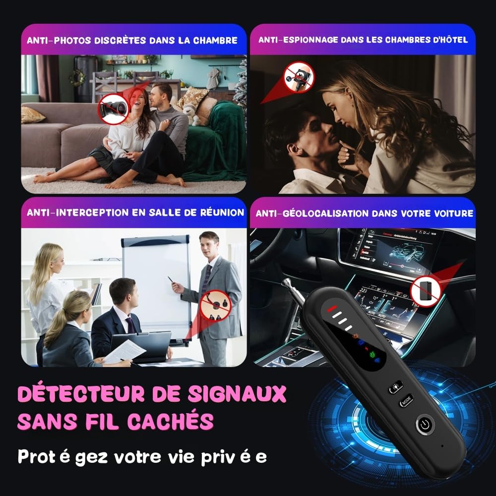 Détecteur de Caméra Cachée - Alarme de Sécurité, Micro Espion Détecteur, Détecteur RF sans Fil, GPS Tracker, Anti-Espion pour Hôtel, Salle de Bain, Bureau, Voiture, Voyage, Anti-instantané