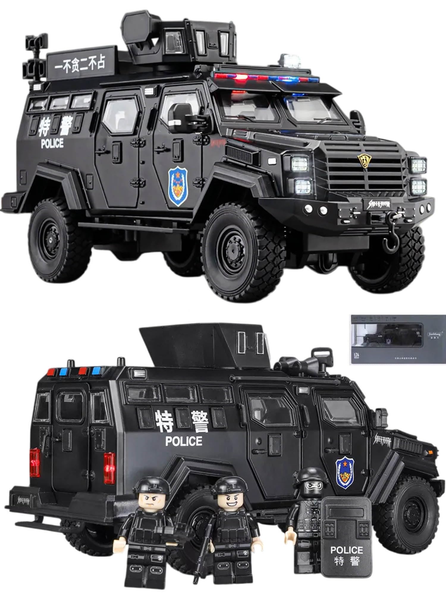 1:24 Scale Die-Cast Metal Saber-Tooth Armored Truck【Large】 with Openable 11 Small Windows & Doors,Lights & Music & Working Steering【Police Black】【Pack of 1】