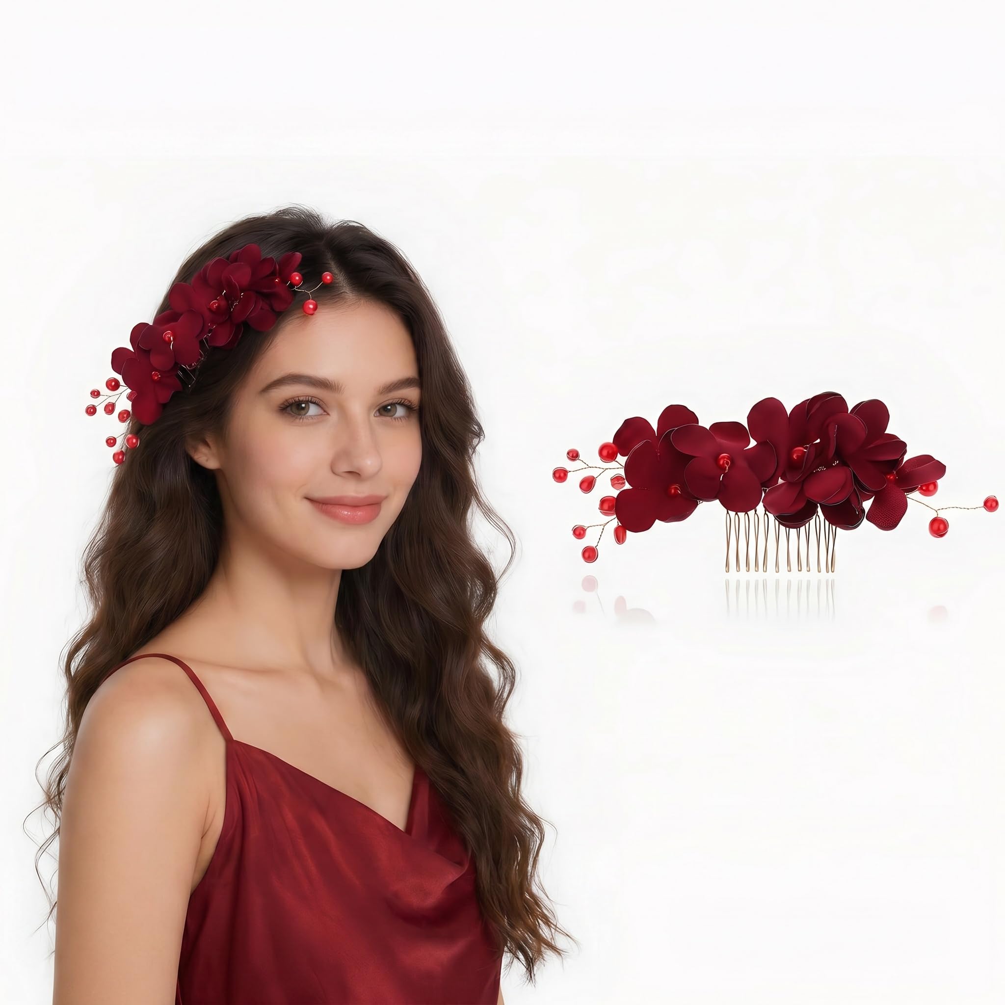 FOMIYES Peineta Lateral Con Flores De Tela Roja Y Cuentas Imitación Accesorio Ligero Para El Pelo De Mujer Ideal Para Bodas Fiestas Y Eventos Especiales 6.29X2.75 Pulgadas