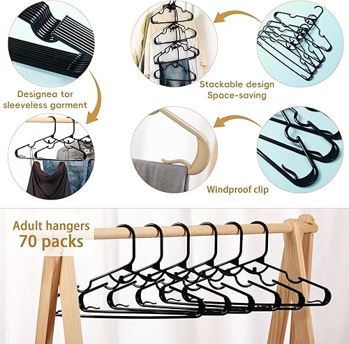 Miniatura 3 de 70 perchas de plástico con clips, perchas apilables antideslizantes, perchas para ropa, pantalones, perchas para adultos que ahorran espacio,