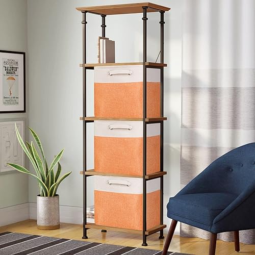 Miniatura 6 de Cajas de almacenamiento plegables de tela, cajas de almacenamiento plegables de 13 pulgadas, canastas de almacenamiento de retazos naranja y beige,