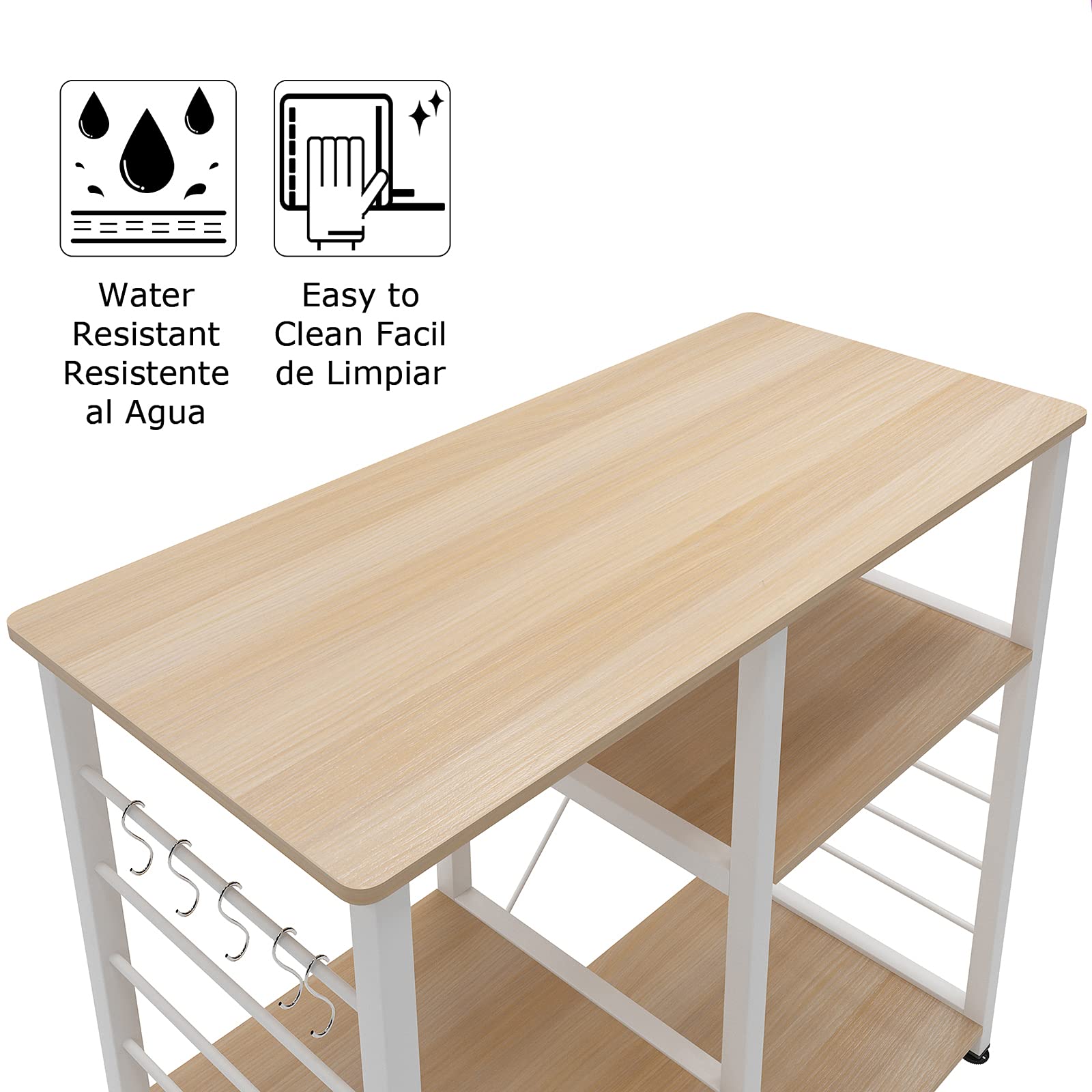 SogesPower Scaffale da Cucina per Microonde con Ganci a Forma di S, Scaffale Mobile Cucina a 3 Livelli per Utensili da Cucina e Spezie, 90 x 40 x 83 cm Acero