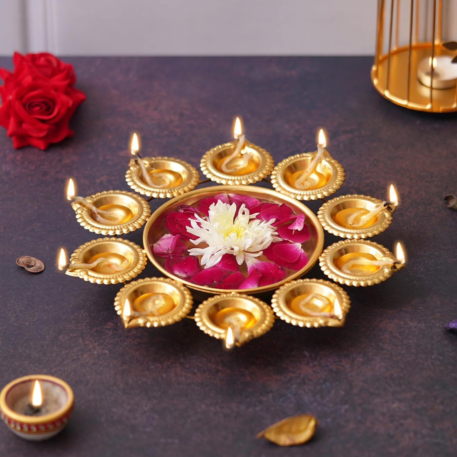 Darkvision Diya Shape Decorative Bowl for Home Decor Flowers and Tea Light Candles Stand Holder Table Decor Centerpiece for Diwali/puja/Ganesh chaturthi/Temple/Corporate Gift (Diya Round 10)